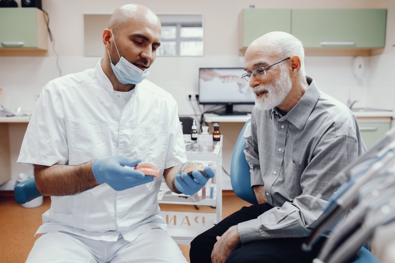 Patient talking to dentist about loose lower denture